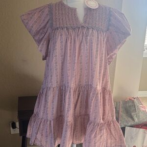 NWT Umgee Mauve-Gray Smocked top pleated Dress SZ L pit2pit 21”length35”